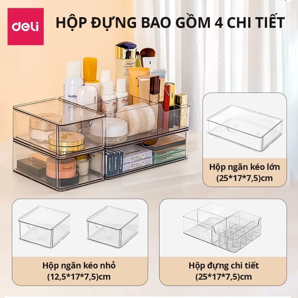 Hộp Đựng Mỹ Phẩm Trong Suốt Deli - Đa Năng - Nhiều Ngăn Có Nắp Đậy