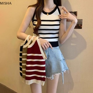 Misa Mùa Hè Hàn Quốc Thời Trang Sọc Dệt Kim Tank Top Nữ Cổ Tròn Không Tay Áo Ôm