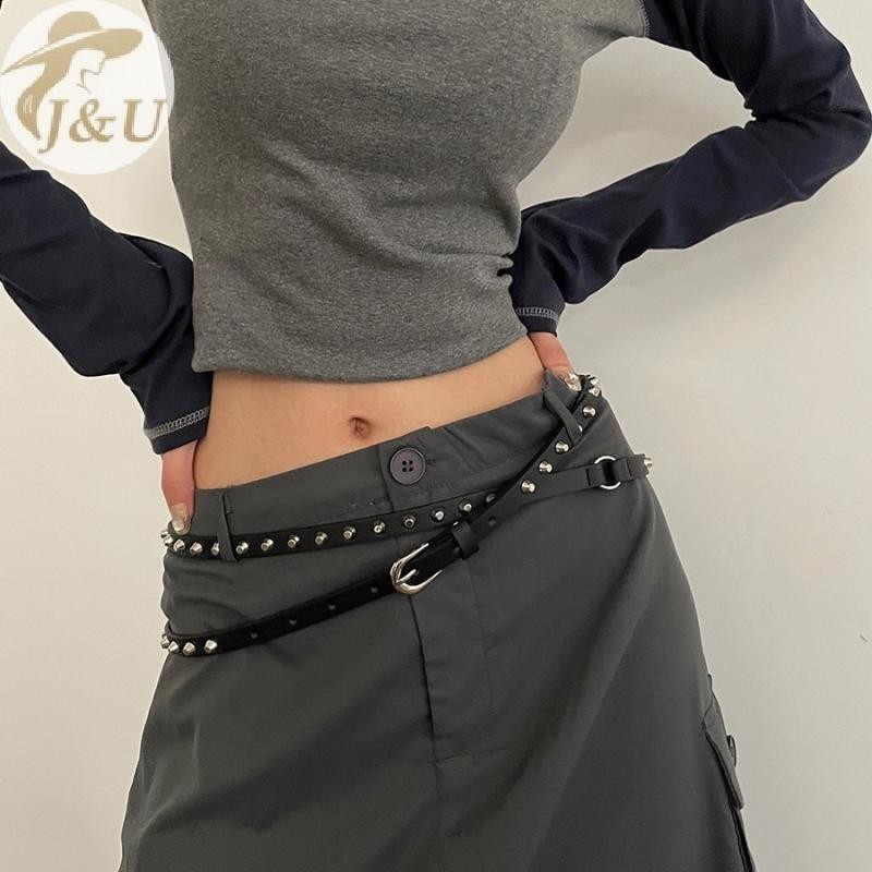 Thắt lưng phong cách punk cao bồi, thiết kế vòng tròn kép, dây siêu dài mỏng, phù hợp đa năng với đinh cài