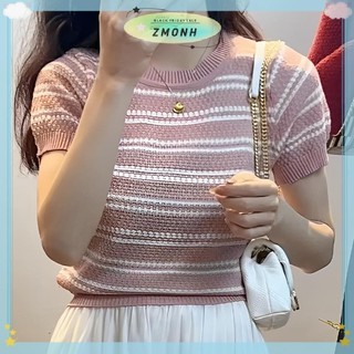 ZMONH Mùa Hè Mới Thời Trang Sọc Tay Ngắn Màu Trơn Đa Năng Giảm Tuổi Giảm Béo Dệt Kim Top Áo Thun