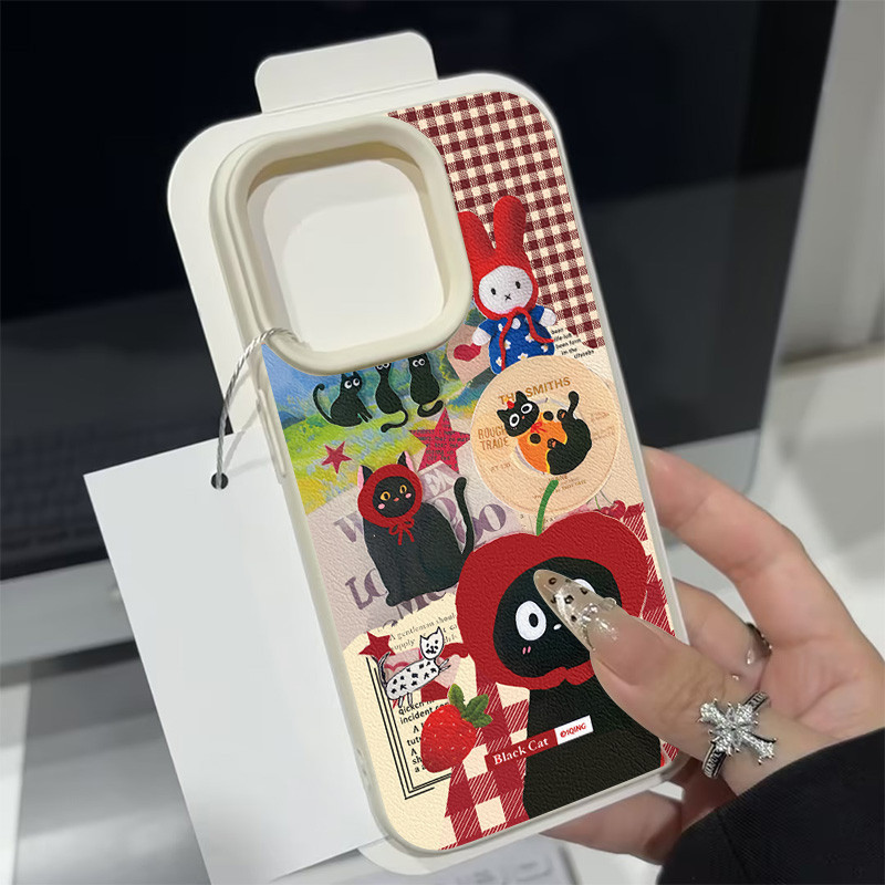Ốp Lưng Tương Thích Cho IPhone 15 11 13 16 14 12 Pro Max X XS Max XR 14 12 Pro Max 16 15 14 Plus Hoạt Hình Thời Trang Dễ Thương Countryside Dâu Mèo Kẻ Sọc Da Họa Tiết Cảm Giác Da