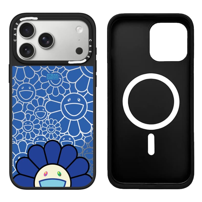 TAKASHI MURAKAMI x CASECASE: FLOWERS BLOOM SMILE (XANH) Gương đen & bạc Vỏ iPhone hút từ tính cho iPhone 17 Air 16 15 14 13 12 Pro Max Plus logo khắc