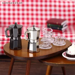 SRVN 1 Bộ 1: 12 Nhà Búp Bê Nồi Cà Phê Thu Nhỏ Ấm Siêu Tốc Kim Loại Nồi Moka W / Khay Cốc Nhà Bếp Mô Hình Nhà Trang Trí Đồ Chơi Phụ Kiện Nhà Búp Bê.