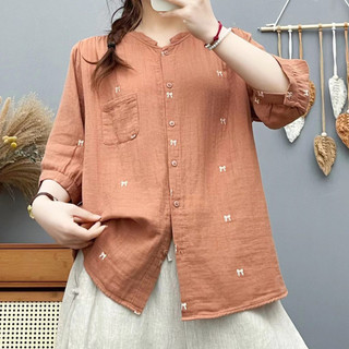 Hàng sẵn có] Áo sơ mi nữ 100% Cotton chất lượng cao Áo sơ mi thêu văn học Nơ tay ngắn tay trung bình Xanh đại học mùa hè hàng đầu