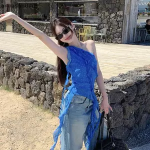 AA Không Đều Xanh Chấm Bi Nữ Mùa Hè Xù Viền Không Tay Áo Khoác Ngoài Thiết Kế Áo Thun VN