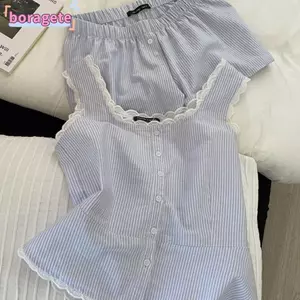 Bộ đồ ngủ sọc BORAGETE, Bộ đồ ngủ ren không tay, Màu xanh thoải mái Quần áo ngủ mùa hè một ngực nữ