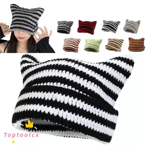 TOPTOOLCX Ins Mũ sọc quỷ nhỏ, Punk Gothic Tai mèo dễ thương Mũ beanie Nhật Bản, Thu Đông Giữ ấm Unisex Y2K Harajuku Mũ beanie dệt kim nữ