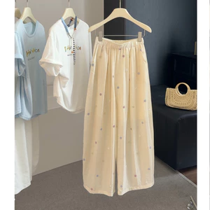 Phong Cách Hàn Quốc Rời Cảm Giác Vải Lanh Cotton Thêu Hoa Quần Nữ Mùa Hè Phong Cách Mới Cao Cấp Rời Phù Hợp Với Thẳng Rộng @ -26061705