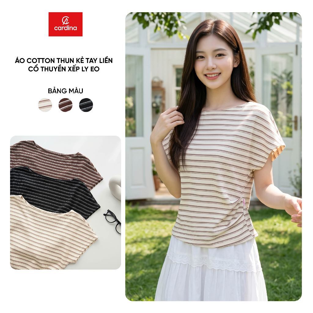 Áo thun nữ CARDINA Cotton thun kẻ tay liền cổ thuyền xếp ly eo 6ATC22