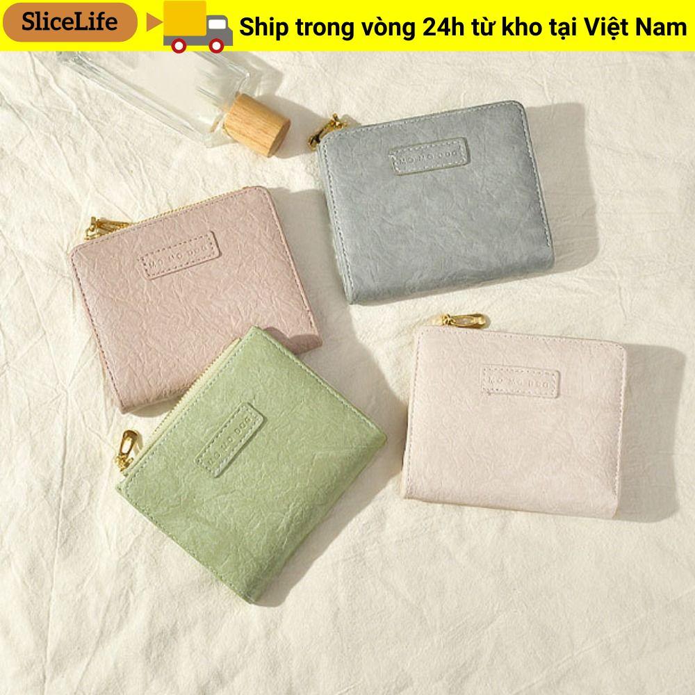 Ví ngắn SLICELLIFE, Ví có dây kéo bằng da nhỏ, Ví đựng tiền xu màu trơn thời trang dành cho nữ