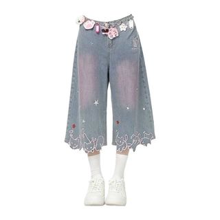 Thiết Kế Tiểu Thuyết Mèo Con Ngôi Sao Thêu Denim Crop Quần Hoạt Hình Hàng Hóa Nữ Rời Ôm Hơn Nhìn Rộng-