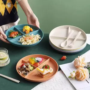 Đĩa ba lưới phía Tây cho thực phẩm Đĩa chia Salad trái cây Rơm lúa mì Đĩa ăn kiêng Khay đựng thức ăn Đồ ăn nhà bếp [VN]