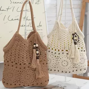 Túi Tote Móc PYCOU, Rỗng Có Lớp Lót Dây Kéo Ví Đan Openwork, Sang Trọng Màu Trắng Nâu Dung Tích Lớn Polyester Boho Đi Biển Túi Sử Dụng Mùa Hè
