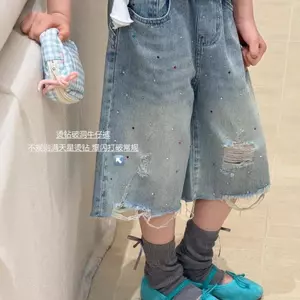 Big Girl (100-160) Quần năm điểm Denim rách nóng thời trang