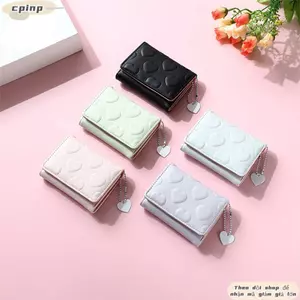 Túi đựng tiền CPINCP, Ví đựng tiền xu PU ba lần, Hộp đựng thẻ màu trơn hình trái tim dành cho nữ sinh viên