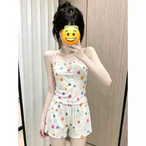 Màu sắc tương phản với Ngực Pad Sling Bộ đồ ngủ hoạt hình Hàn Quốc chấm bi Bộ đồ mặc nhà dành cho học sinh