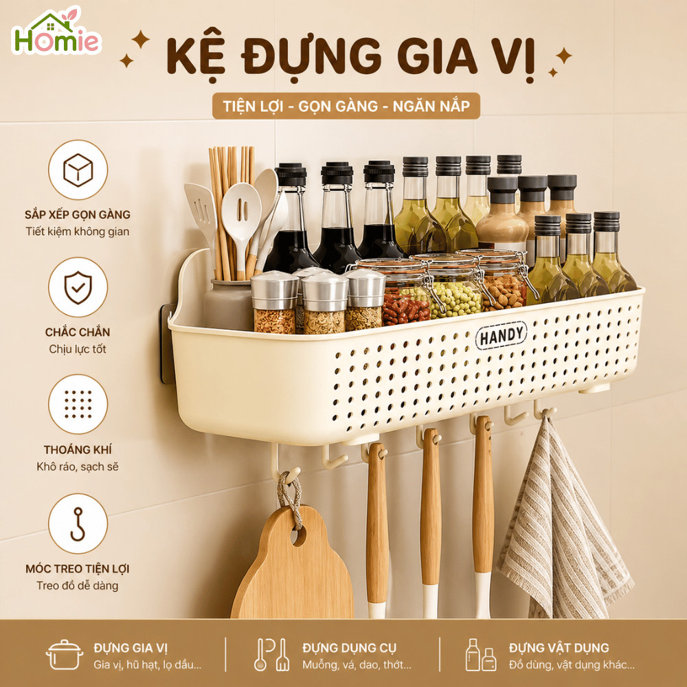 Kệ Để Đồ Gia Vị Nhà Bếp Dán Tường Thoáng Khí HOMIE, Giỏ Đựng Hành Tỏi Có Móc Treo Nhựa Chắc Chắn