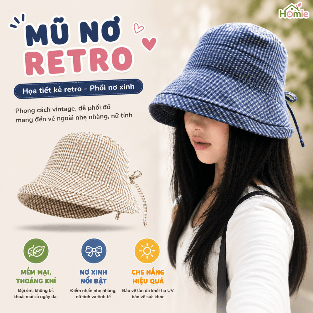 Mũ Bucket Kẻ Caro Retro Phối Nơ Xinh Xắn HOMIE, Mũ Phong Cách Tiểu Thư Thời Trang Mùa Hè Unisex