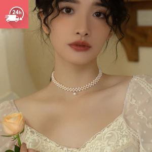 Phong cách nữ ngọc trai hai lớp kiểu Pháp, thích hợp và cao cấp, kết hợp với vòng cổ áo len