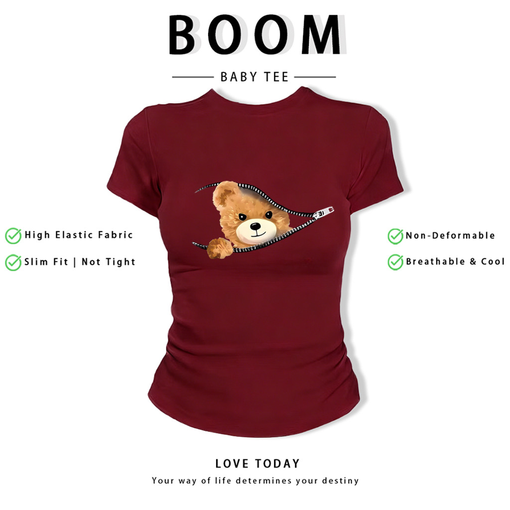 BOOM Áo Baby Tee Nữ Cotton Ôm Body-Áo Thun Ngắn Tay Y2K In Hình PhongCách Mùa Hè, Cổ Tròn Hàng Đầucách hàn quốc phong409