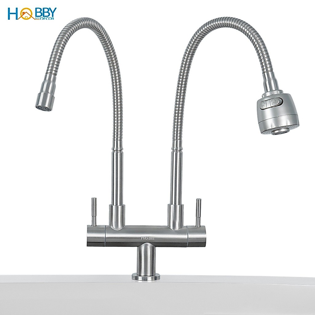 Vòi rửa chén lạnh 2 đầu có vòi tăng áp inox 304 HOBBY Home Decor LX2D