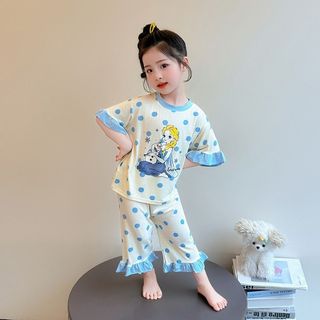 Bộ đồ ngủ bé gái mùa hè 2 món – set đồ mặc nhà lụa lạnh chấm bi viền bèo dễ thương