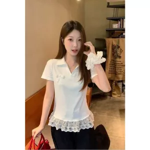 Áo thun ngắn tay polo cỡ lớn dành cho nữ mùa hè ren nơ nữ Thiết kế mùa hè Fat MM Che thịt Slimer Look Top