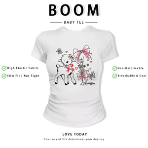 BOOM Áo Baby Tee Nữ Cotton Ôm Body-Áo Thun Ngắn Tay Y2K In Hình PhongCách Mùa Hè, Cổ Tròn Hàng Đầucách hàn quốc phong516