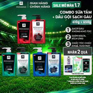 Combo Dầu gội nam sạch gàu 5in1 Romano hương nước hoa 610g+Sữa tắm hương nước hoa Romano 650g