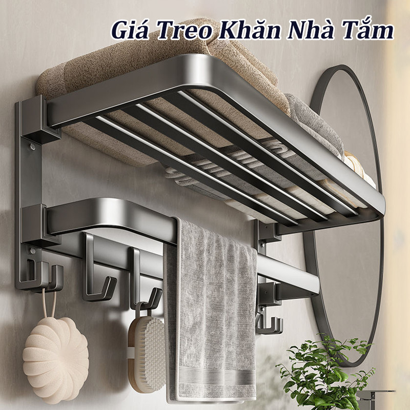 Giá Treo Khăn Nhà Tắm Dán Tường, Nhôm Hàng Không, Kèm Thanh Móc Treo Đồ, Gấp Gọn, tặng kèm keo dán tường
