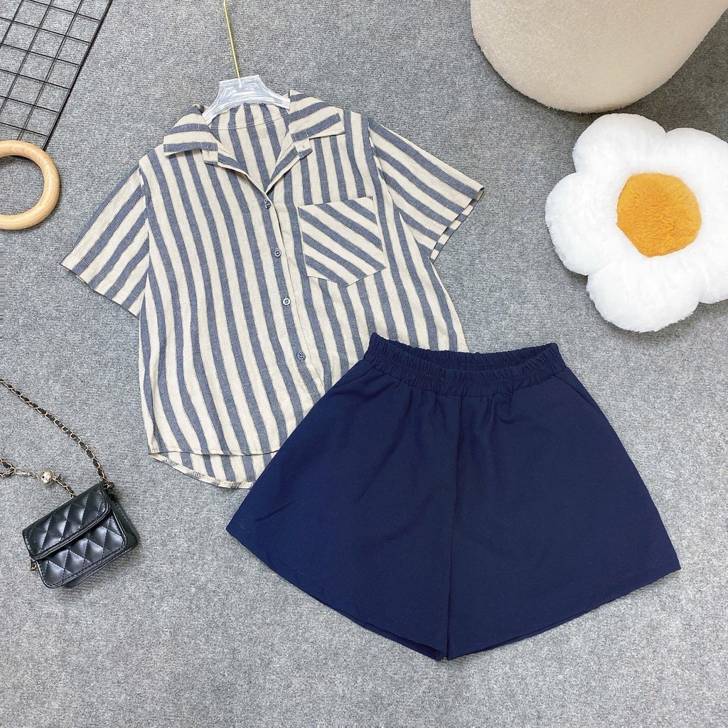 Set Bigsize Cô Nhỏ Nữ Áo Sơ Mi Lenin Kẻ Sọc Tay Ngắn & Quần Short Form Rộng Năng Động Mát Nhẹ - A288+Q500