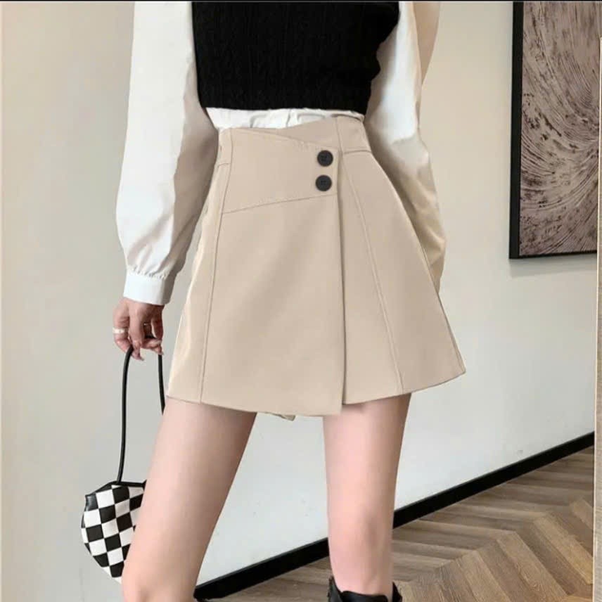 Quần Giả Váy Ngắn Đính Nút Chất Cotton Lạnh Dày Dặn Màu Đen/Nâu/Be Size 50-90KG Bs051