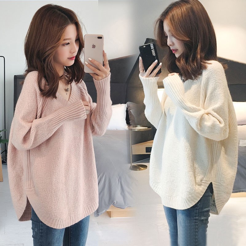 Áo sơ mi dệt kim cổ thấp cho bà bầu mùa thu