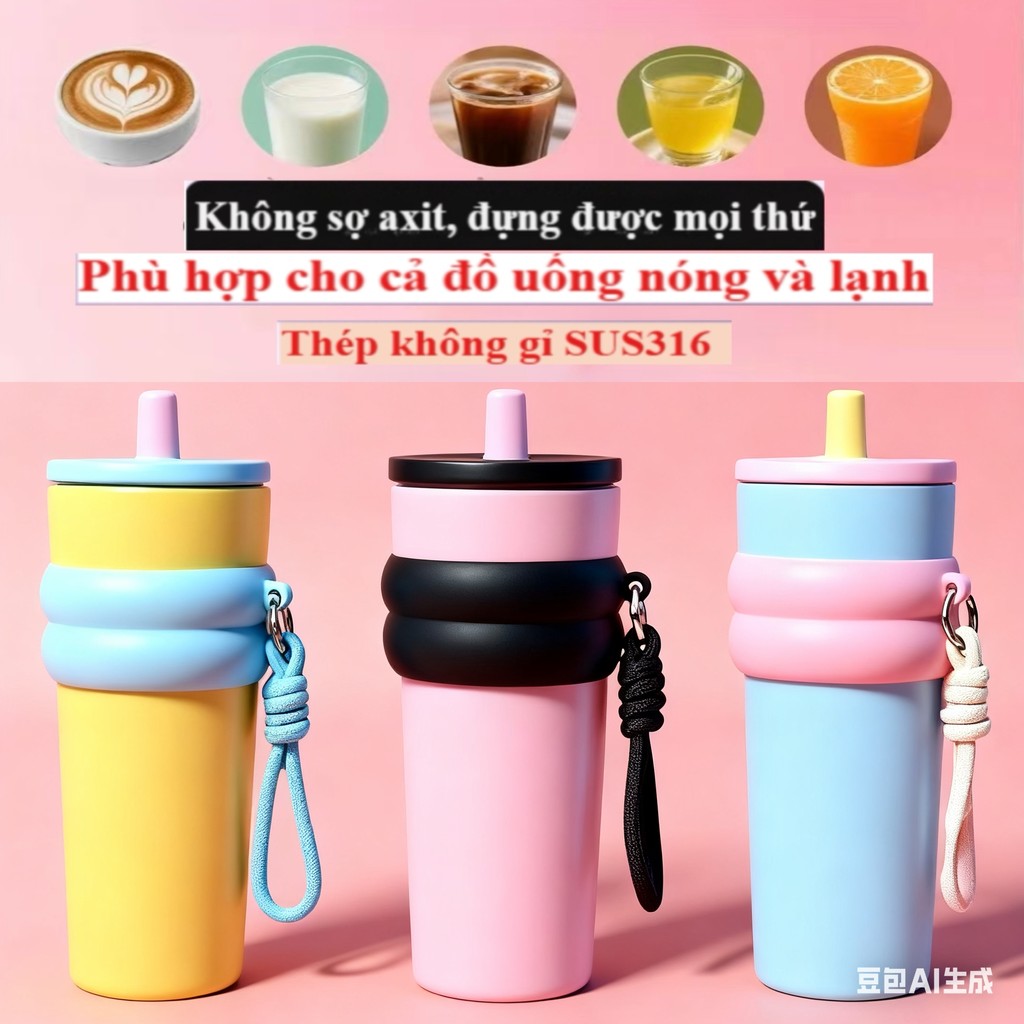 Bình 710ml inox 316, có ống hút và quai, giữ nóng lạnh, tiện mang đi.