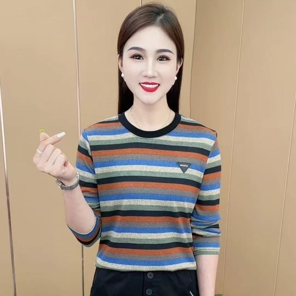 Áo nhung sọc cổ tròn dài tay cho mùa thu đông