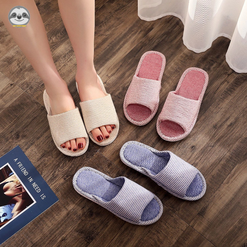 Phong cách Nhật Bản Phong cách Muji / Dép cặp đôi vải lanh sọc / Dép sandal gia đình dày dặn trong nhà / Dép tắt tiếng sàn gỗ