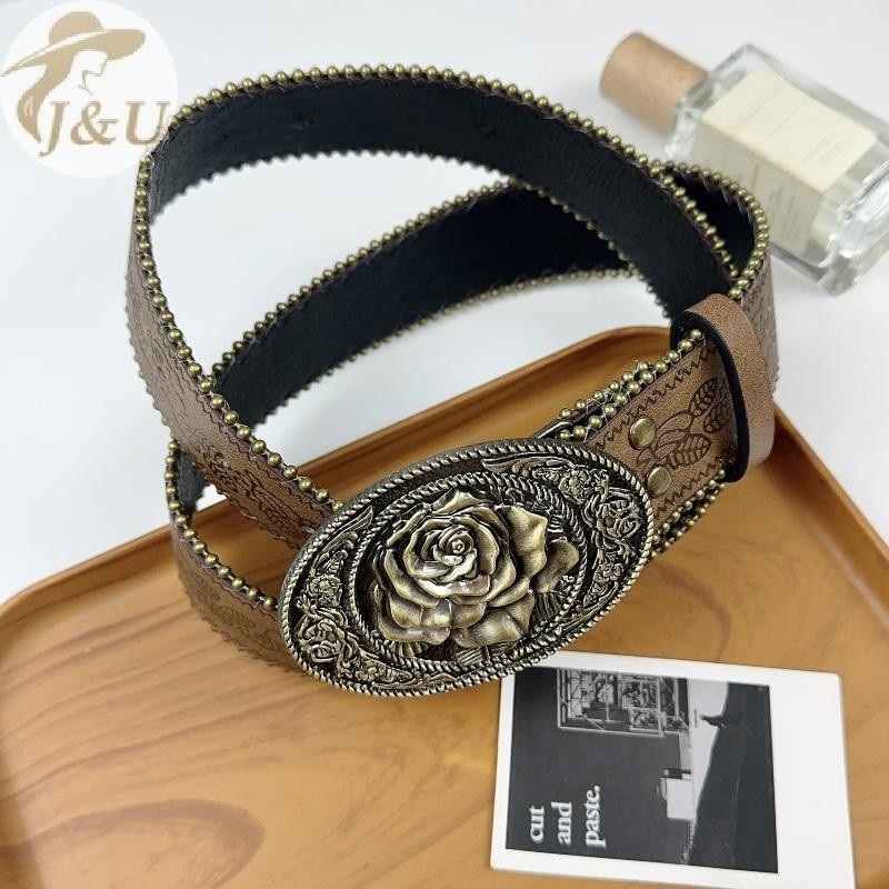 JU Thắt lưng boho rộng da nhân tạo, style vintage khắc khóa, màu nâu nổi, phù hợp với quần jean
