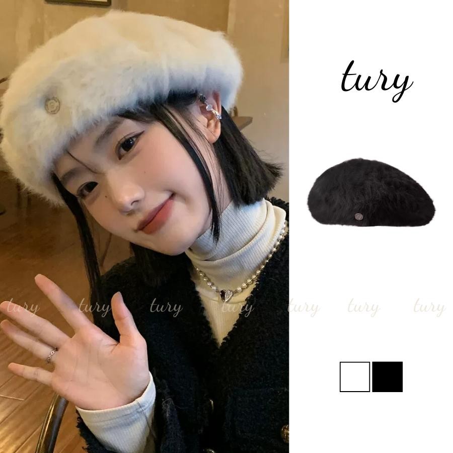 Mũ Beret Nữ - Tury - Mũ len nồi lông thỏ phối khuy kim loại - MN052