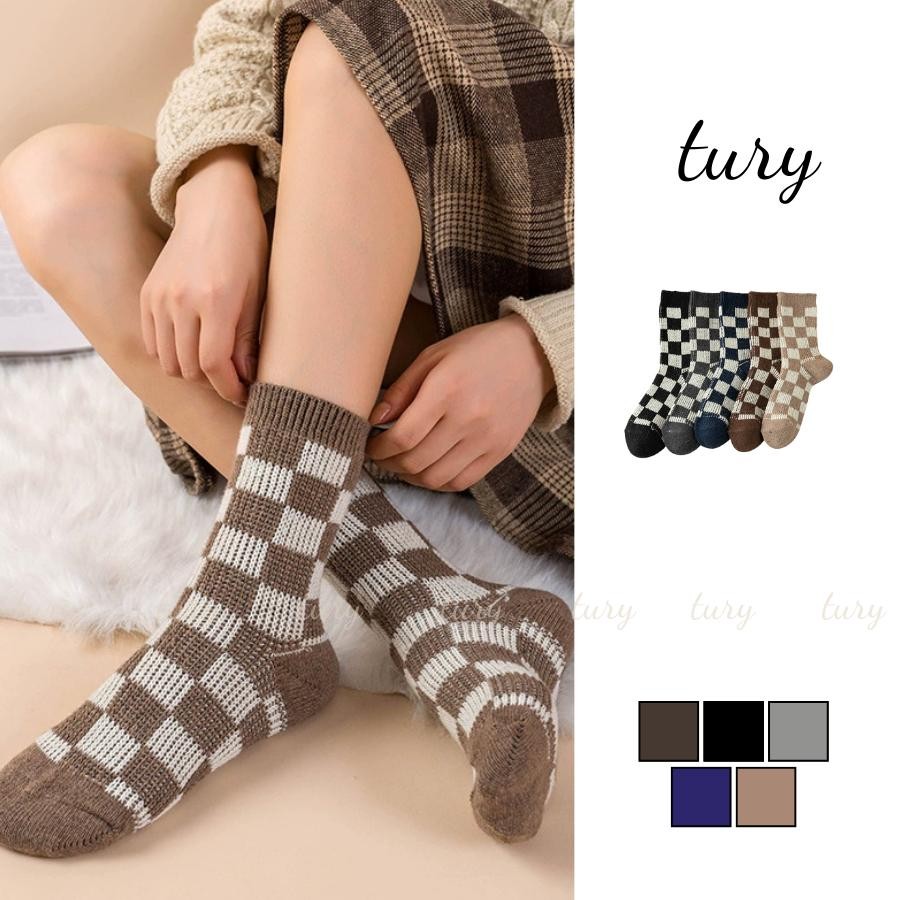 Tất Vớ Len Unisex Nam Nữ - Tury - Vớ tất cổ cao len dệt họa tiết Caro - TV023