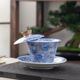 Men Màu Xoay Treo Sancai Gaiwan Trung Quốc Kung Fu Hộ Gia Đình Trà Vẽ Vàng Có Nắp Lanolin Ngọc Sứ Bát Trà XSVF