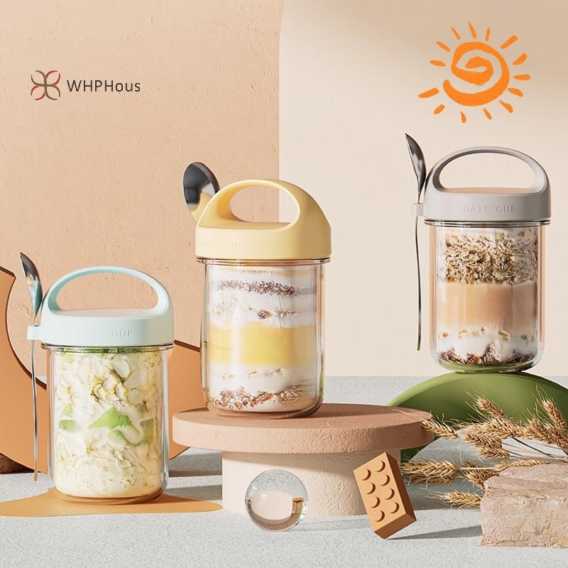 < WHPHous-t > 430ML Cốc ăn sáng mới Bột yến mạch Ngũ cốc Hạt Sữa chua Salad Cốc thủy tinh chống rò rỉ Hộp đựng yến mạch có nắp Thìa Hộp bảo quản thực phẩm