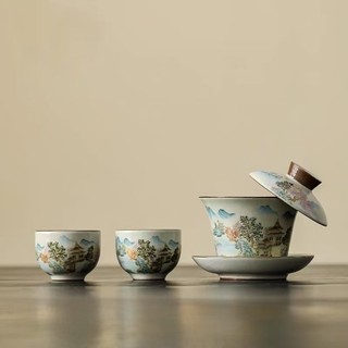 Ấm, Chén Sứ Pha Trà Bằng Sứ Men Lam Rạn Vẽ Họa Tiết Sơn Hà Cẩm Tú