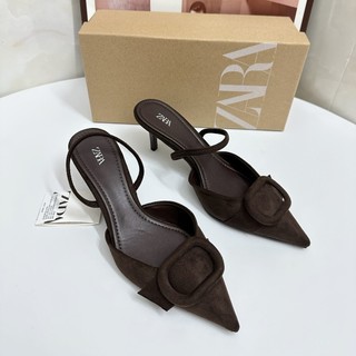 ZA2025 Mùa Xuân Vuông Khóa Giày Nữ Baotou Slingback Dép Nâu Mũi Nhọn Giày Cao Gót Mules QMEL