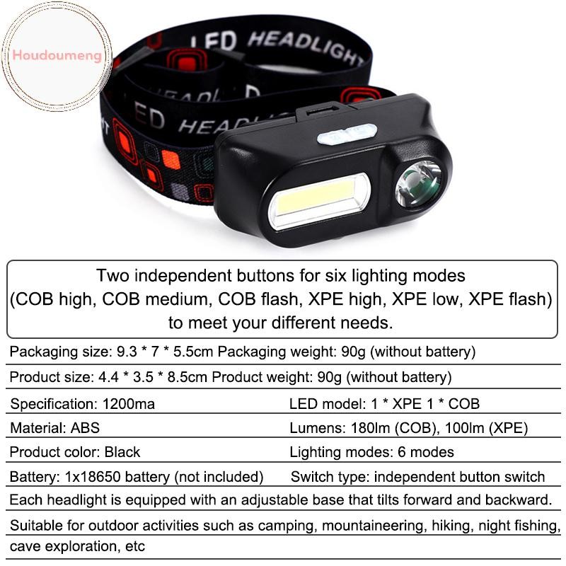 Cổng Usb đa chức năng Hodou Đèn pha có thể sạc lại Cob Đèn pin khẩn cấp ngoài trời Đèn câu cá VN
