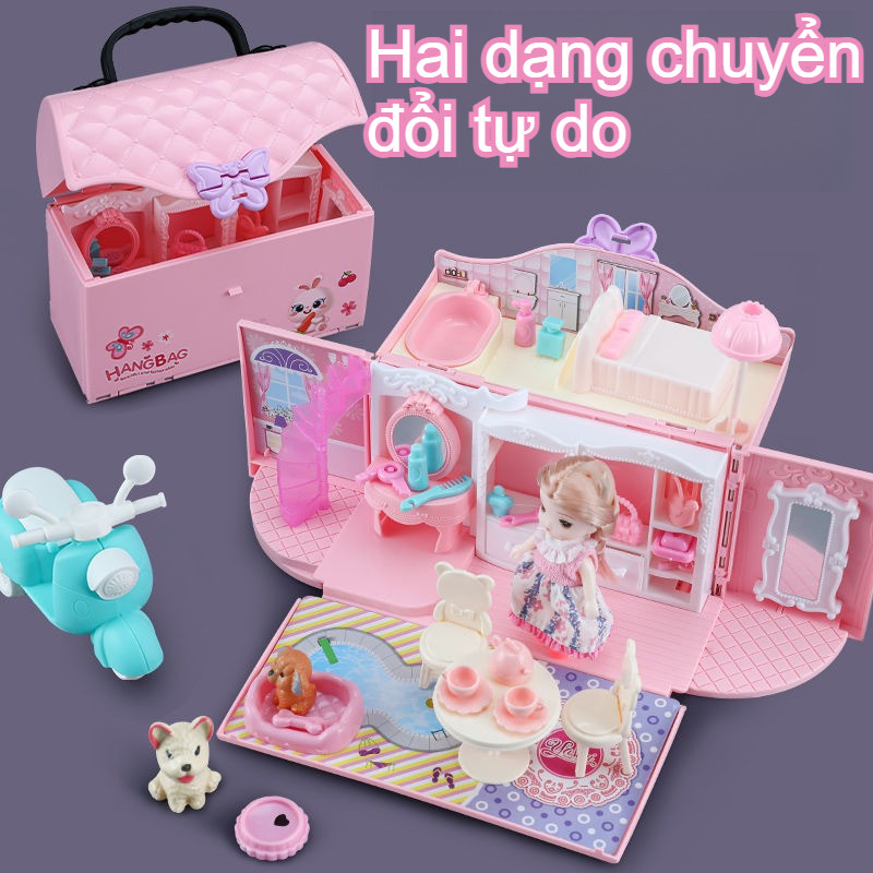 Ngôi Nhà Búp Bê Thiết Kế Dạng Túi Xách Kèm 2 Búp Bê,Tặng Xe Máy + Dải đèn LED,Quà Sinh Nhật Cho Cô Gái