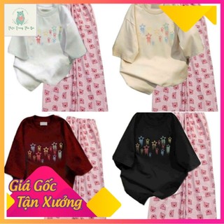 Sét Bộ Quần heo Hồng+ mix áo phông form rộng tay lỡ chất cotton su- hình ngôi sao-