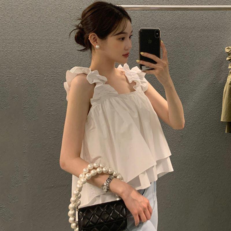 [Hàng mới về] Hàn Quốc sang trọng Mùa hè Niche Cổ vuông phù hợp Thiết kế không đều dáng rộng Áo yếm ngắn dành cho nữ