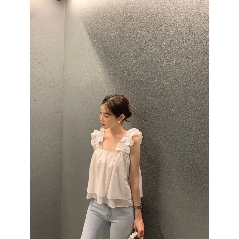 [Hàng mới về] Hàn Quốc sang trọng Mùa hè Niche Cổ vuông phù hợp Thiết kế không đều dáng rộng Áo yếm ngắn dành cho nữ