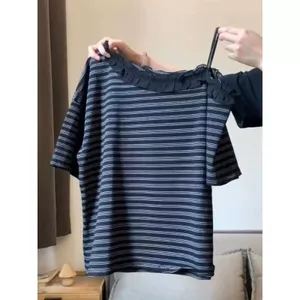 Pure Desire Hot Girl Sọc Nấm Edge Sling Áo thun ngắn tay đeo vai Quần áo nữ, mùa hè
