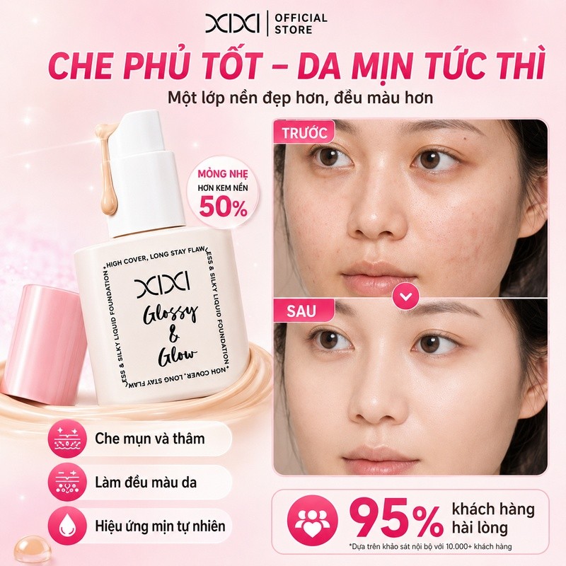 XIXI Kem Nền Dạng Lỏng Che Phủ Cao Kiềm Dầu Chống Nước Lâu Trôi Mịn Lì Tự Nhiên Không Mốc D894